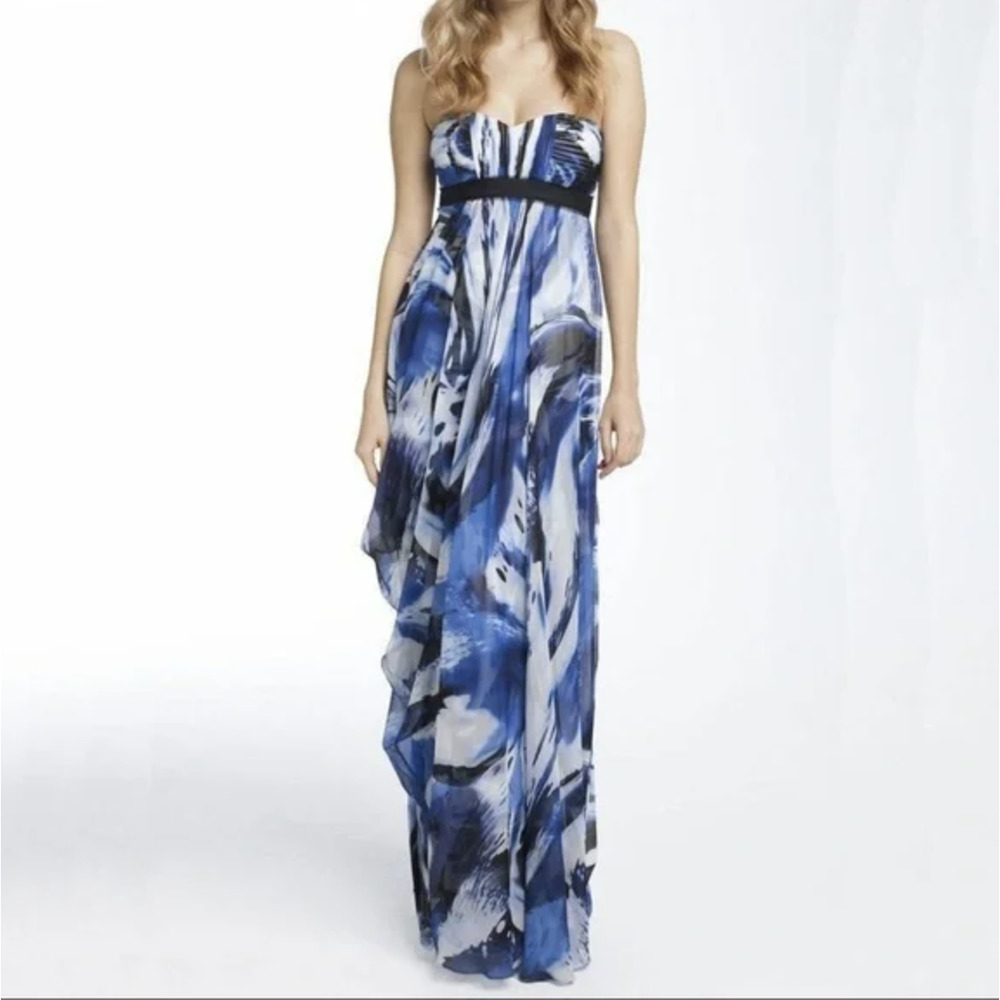 BCBGMaxAzria Blue and Gray Watercolor Printed Strapless Maxi Dress, Size 2 🗣
